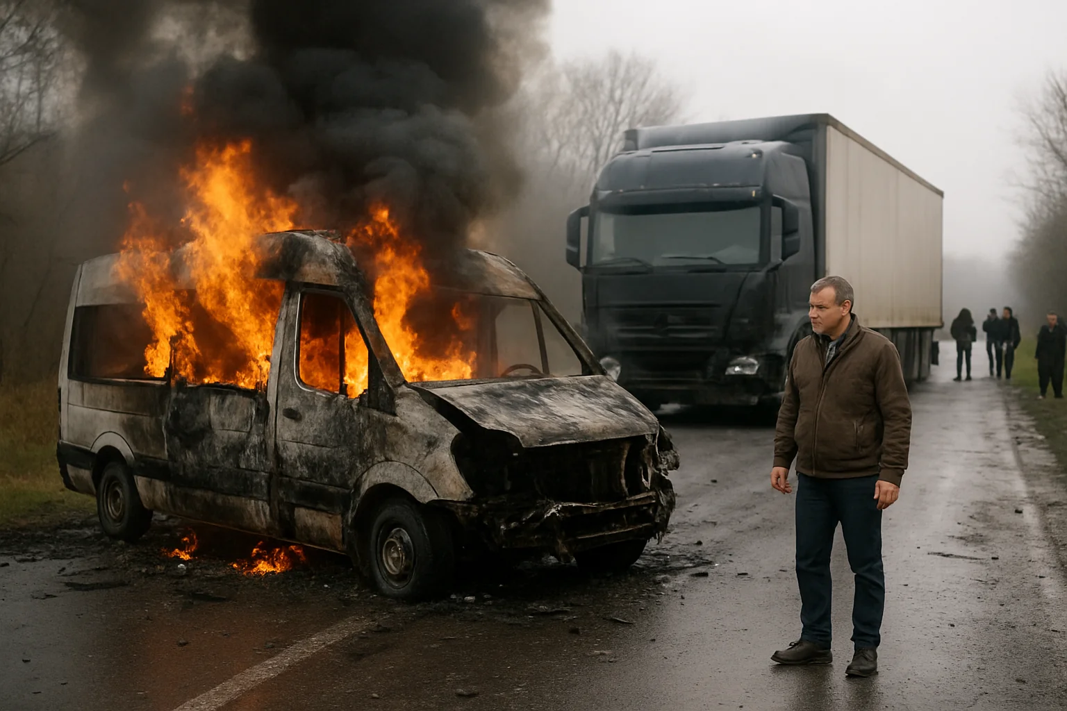 Accident grav la Galați: Microbuz în flăcări după impact cu autotren