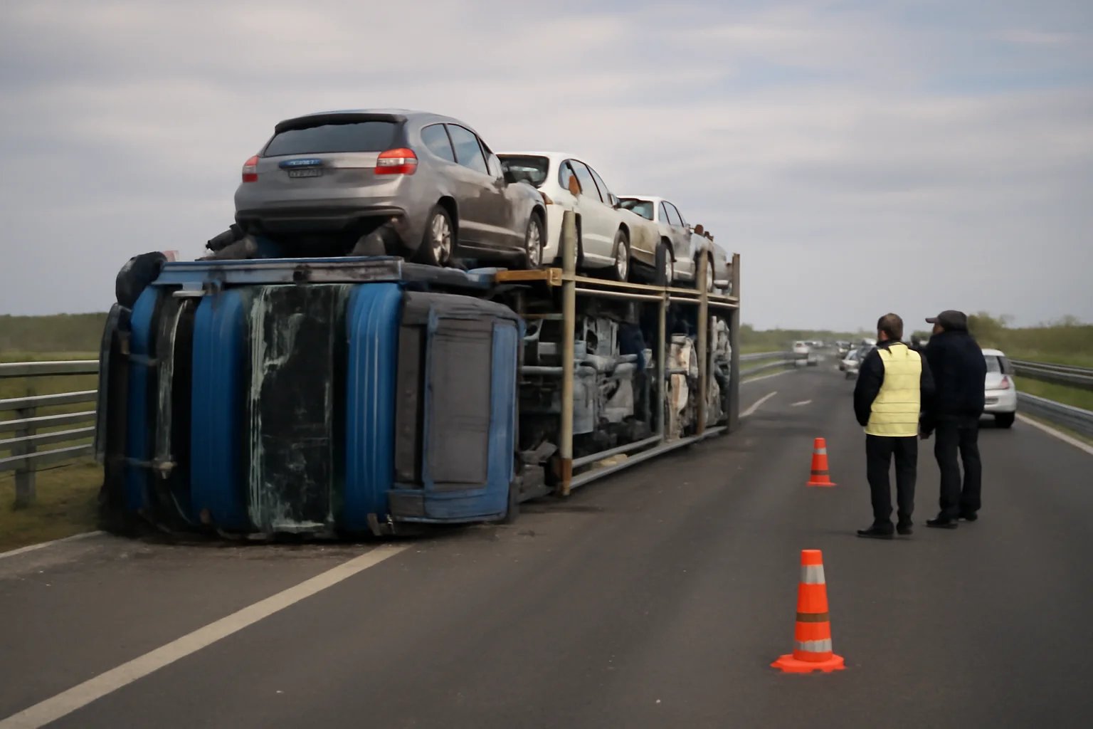 Accident pe A1, trafic restricționat după autotren răsturnat