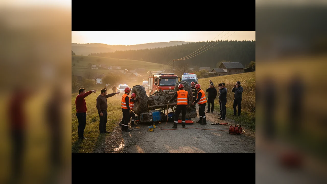 Bărbat prins sub tractor, intervenție de urgență la fața locului