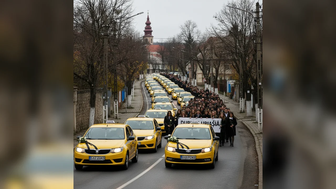 Durere imensă la Mioveni - Zeci de taxiuri și colegi însoțesc pe ultimul drum taximetristul ucis