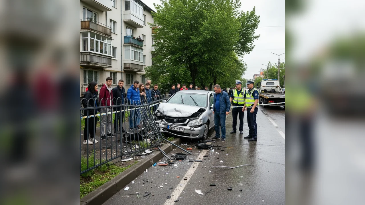 Mașină lovită și aruncată într-un gard
