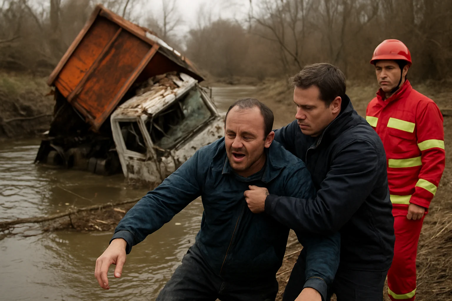 Șofer salvat după prăbușirea autobasculantei în râu